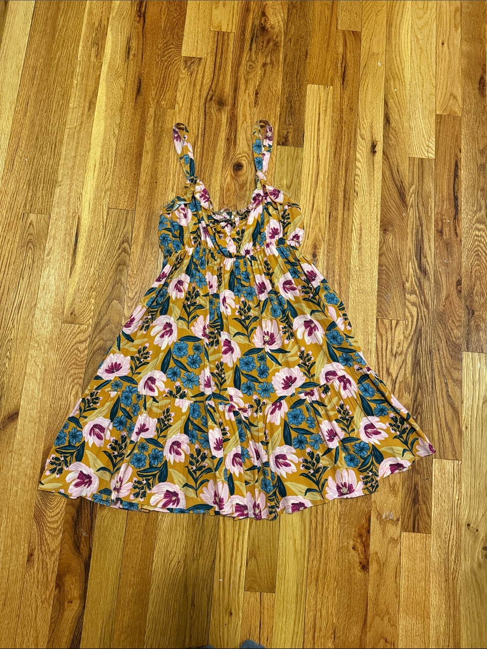 NATURAL LIFE Mustard Floral Mini Dress with Pink & Blue Blooms
